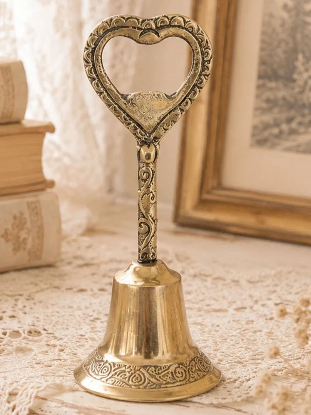 Vintage Brass Bottle Opener Bell With Embossed Details and Heart-Shaped Handle